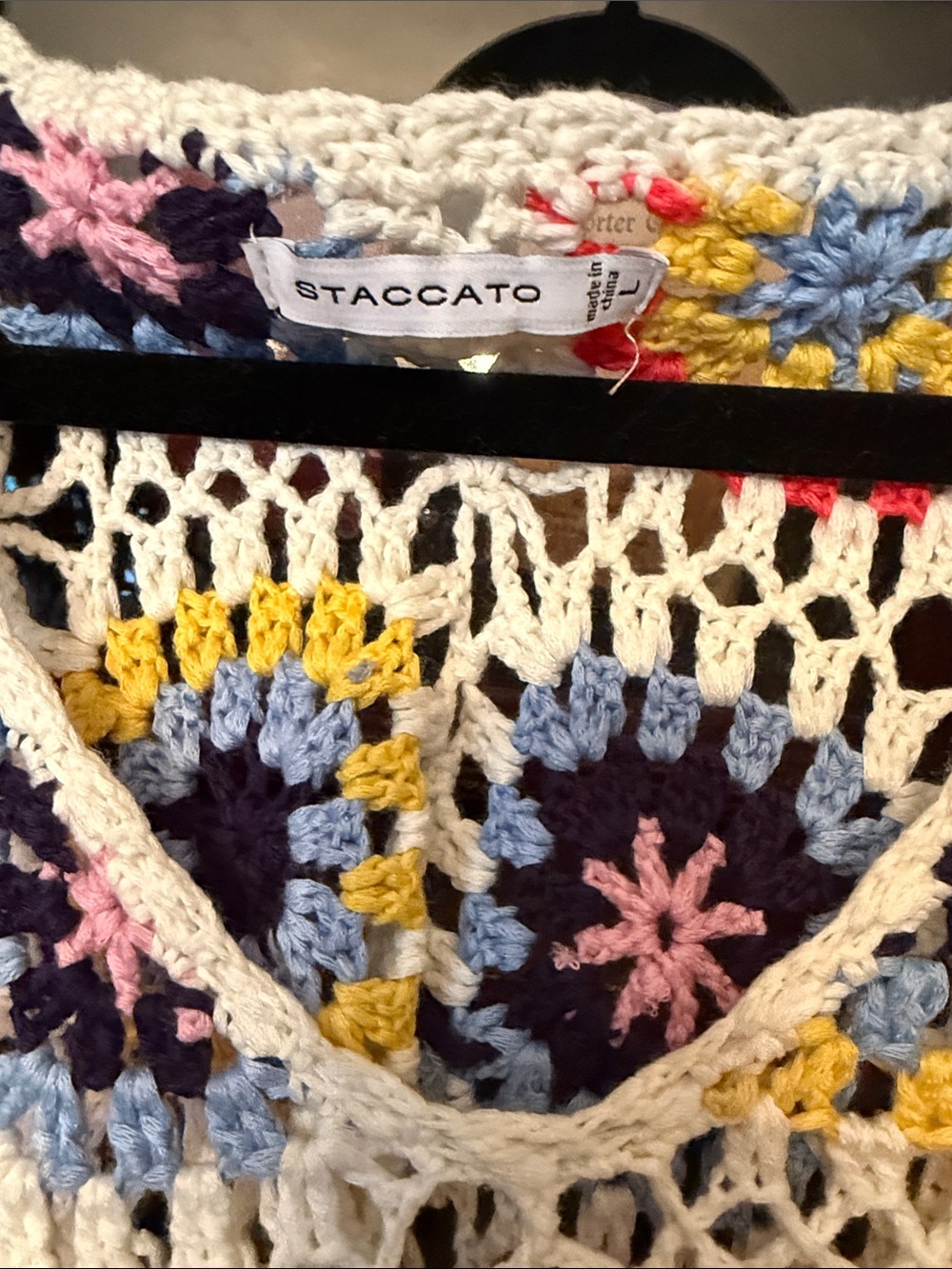 Staccato Cream Crochet TopNavy, Yellow, Light Blue and Pink Accents large nwot